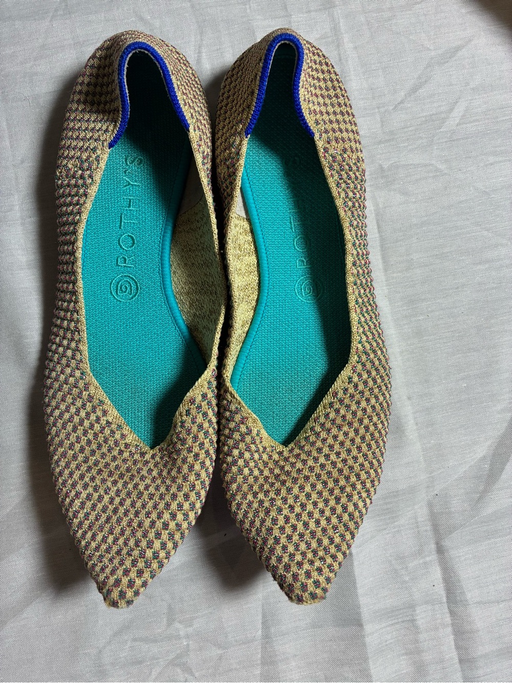 Rothy's Pointed Knit Ballet Flat in Teal & Brown Sparkly Women’s Size 11